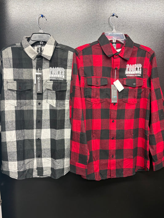 LONG SLEEVE-POOPYS-PLAID BUTTON UP FLANNEL