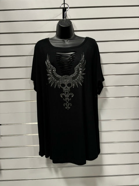 CLEARANCE-BLACK SLIT SHIRT-SKULL AND WINGS